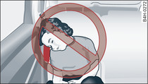 Schématické zobrazení nebezpečných poloh sezení v oblasti rozpínání bočního airbagu