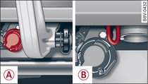 Area below rear bumper: Connecting socket -A-, eye for safety cable -B-