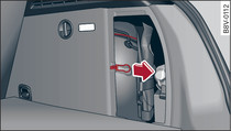 Côt arrire droit du coffre  bagages: dverrouillage d'urgence (exemple)