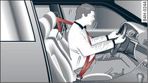 Bältad förare som vid en plötslig bromsmanöver fångas upp av det rätt påtagna bilbältet