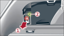 Gepäckraum: Knopf zum Entriegeln der Anhängevorrichtung