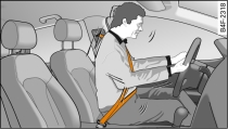 Condutor que numa travagem repentina é amparado pelo cinto de segurança, correctamente colocado.
