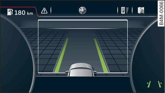 Obr. 145 Sdružené přístroje: systém active lane assist je zapnutý a probíhá varování