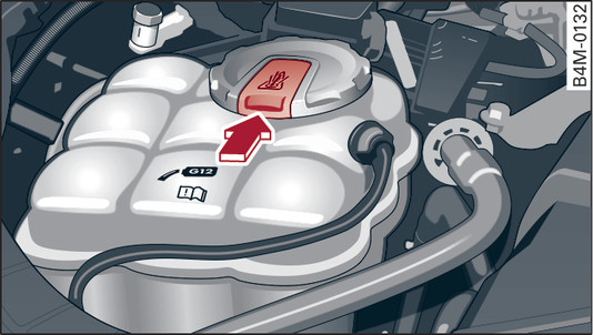 Obr. 313 Motorový prostor: odjišťovací tlačítko vyrovnávací nádržky chladicí kapaliny