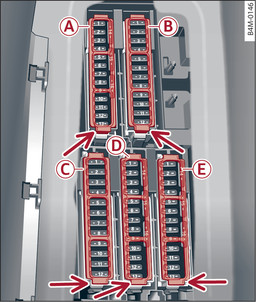 Obr. 342 Prostor nohou řidiče (vozidlo s řízením vlevo): nosník pojistek s plastovým třmenem