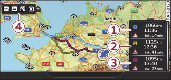 Fig. 234 Display of alternative routes on the overview map