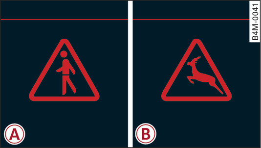 157. ábraMűszerfalbetét: -A- gyalogos figyelmeztetés/-B- vadállat figyelmeztetés, ha az éjszakai látás asszisztens képe nincs kiválasztva a műszerfalbetét kijelzőjében