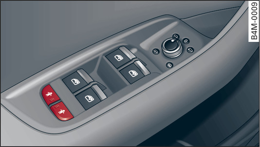 Илл. 35 Вид со стороны двери водителя: клавиши устройства блокировки дверей для защиты детей