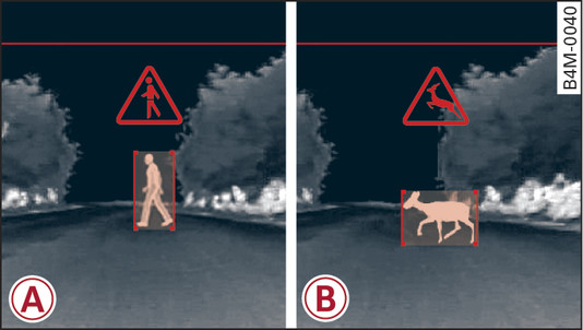 Илл. 156 Комбинация приборов: -A- Предупреждение о наличии пешеходов, -B- Предупреждение о наличии диких животных