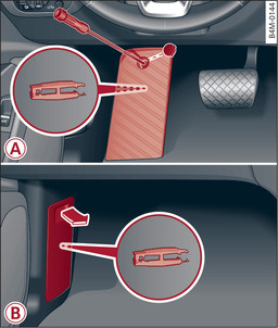 Bild 340 -A- Förarens golvutrymme (vänsterstyrda bilar): Fotstöd, -B- passagerarens golvutrymme (högerstyrda bilar): Kåpa