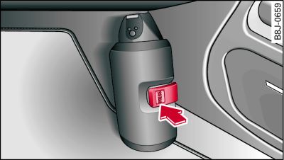 Fire extinguisher in footwell on front passenger's side