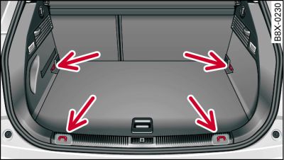 Location of fastening rings in luggage compartment