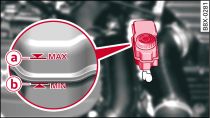 Engine compartment: Markings on brake fluid reservoir