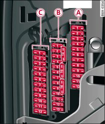 Dash panel (driver's side): Fuse carrier with plastic frames (illustration shows a left-hand drive vehicle)