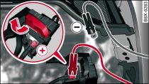 Version 2) Compartiment-moteur avec prise de démarrage assisté : raccords de chargeur et câble d'aide au démarrage