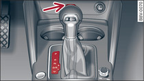 Detail of the centre console: Selector lever with interlock button