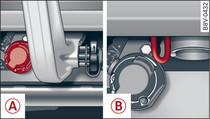 Bij achterbumper: Stopcontact voor de aanhangwagen -A-, oog voor losbreekkabel -B-
