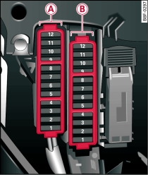 Right side of dash panel: Fuse carrier with plastic frames