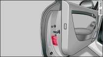 Open driver's door (LHD vehicle) with sticker listing tyre pressures