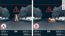 Instrument cluster: -A- pedestrian warning, -B- wild animal warning