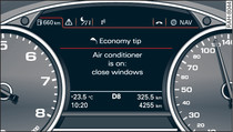 Instrument cluster: Economy tip (Air conditioner switched on: close windows)