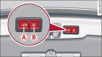 Pokrywa bagażnika: -A- przycisk zamykania, -B- przycisk zaryglowania (samochód z komfortowym kluczykiem*)