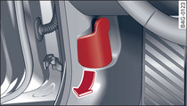 Zona dos pés do lado do condutor: Alavanca de desbloqueio