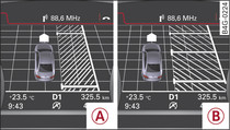Painel de instrumentos: procurar estacionamento. -A- estacionar paralelamente à estrada, -B- estacionar em espinha
