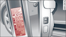 Driver's door (LHD vehicle): Sticker listing tyre pressures