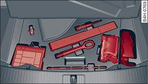 Przestrzeń bagażnika: narzędzia samochodowe i zestaw do naprawy opon