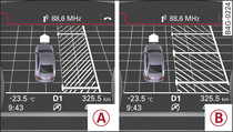 Painel de instrumentos combinado: Procurar lugar de estacionamento. -A- estacionar paralelamente à estrada, -B- estacionar em espinha