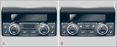 Reglage bak: -A- Komfortklimatautomatik för 3 klimatzoner, -B- komfortklimatautomatik för 4 klimatzoner