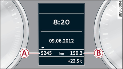 Kombiinstrument: Trippmätare för totalt antal körda kilometer och antal körda kilometer efter den senaste nollställningen