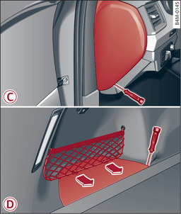 Fig. 341-C- Puesto de conducción, lado del conductor (vehículos con volante a la izquierda/derecha): Cubierta, -D- Maletero (izquierda): Cubierta