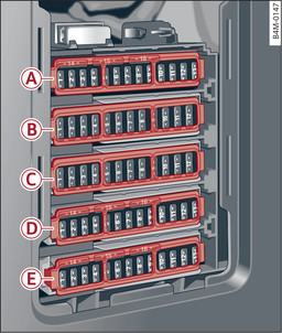 Fig. 343Espacio reposapiés del acompañante (vehículos con volante a la derecha): Portafusibles con estribo de plástico