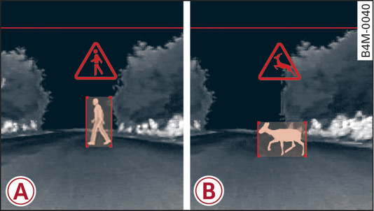 Fig. 156 Combiné d instruments : avertissement de la présence d un piéton -A- et d un animal sauvage -B-