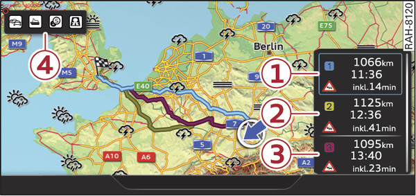 Fig. 234 Affichage des itinéraires alternatifs sur la carte grande échelle