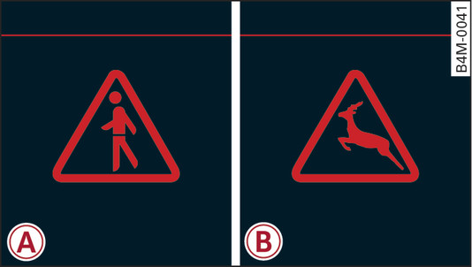 Fig. 157Quadro strumenti: -A- avvertimento pedoni/-B- avvertimento animali selvatici quando non è selezionata l immagine del sistema di visione notturna sul display del quadro strumenti