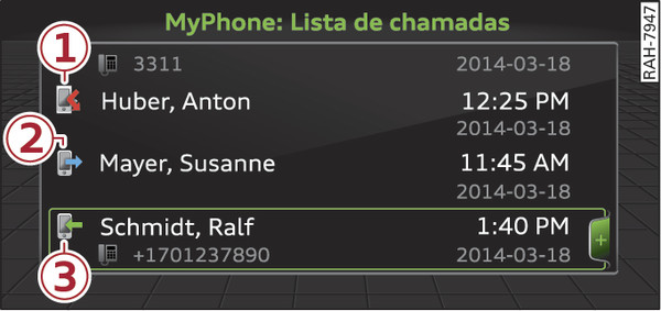 Fig. 221Selecionar o número de telefone a partir da lista de chamadas